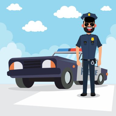 Polis devriyesi, polis arabası çizimi olan bir yolda.