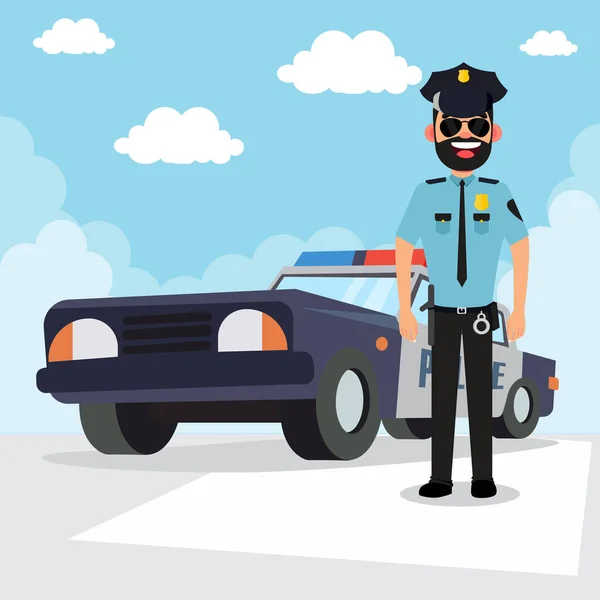 Eenvoudige Cartoon Van Een Politieagent Politie Auto Vector Illustratie — Stockvector