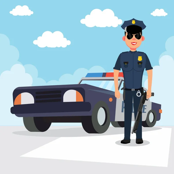 Vrouwelijke Politieagent Staat Voor Deur Van Een Politieauto Terwijl Hij — Stockvector