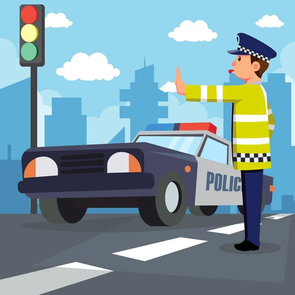Trafik polisi sinyali ve polis arabası vektör illüstrasyonu