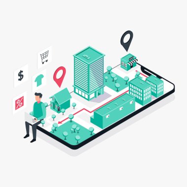 Web sitesinde Alışveriş İnterneti veya Mobil Uygulama Konsepti Pazarlama ve Dijital Pazarlama. Vektör illüstrasyonu