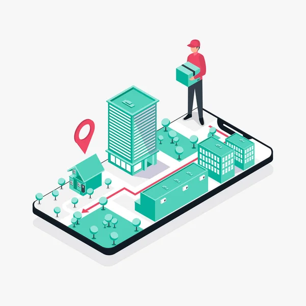 Hızlı teslimat. Elinde bir kutuyla adamı acele ettiriyor. Vektör illüstrasyonu