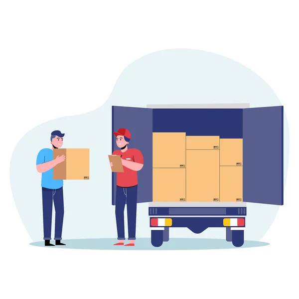 Teslimatçı ve kamyon. Düz tasarım modern vektör illüstrasyon kavramı