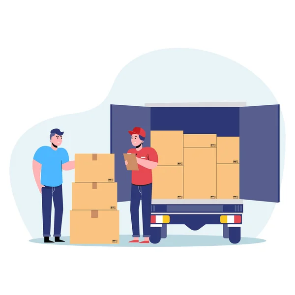The courier brought the box parcel by truck to customer. Flat vector illustration