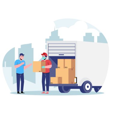 Yüzünde tıbbi koruyucu maskeli kurye, arkasında teslimat kamyonu olan bir paket taşıyor. Düz vektör illüstrasyonu