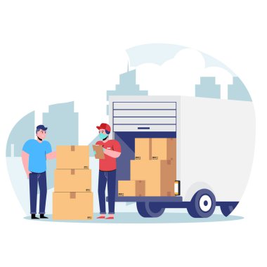 Yüzünde tıbbi koruyucu maskesi olan kurye teslimat kamyonuyla paket taşıyordu. Düz vektör illüstrasyonu