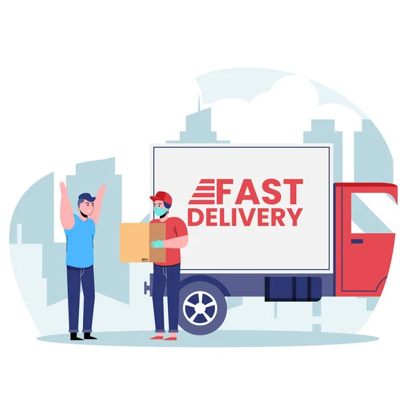Yüz maskesi takan bir adam hızlı teslimat kamyonuyla teslimat paketi gönderiyor, teslimat servisi konsepti. Düz vektör illüstrasyonu