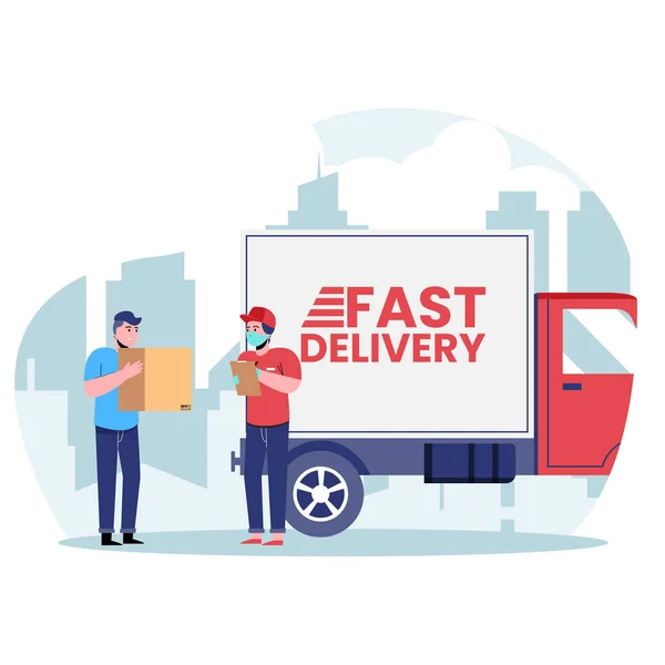Yüzünde tıbbi koruyucu maskesi olan teslimat işçisi. Arka planında hızlı teslimat kamyonu olan bir paket taşıyor. Düz vektör illüstrasyonu