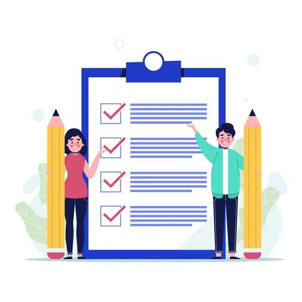 Kadın ve erkek dev kontrol listesini kontrol ediyor. Düz vektör illüstrasyonu