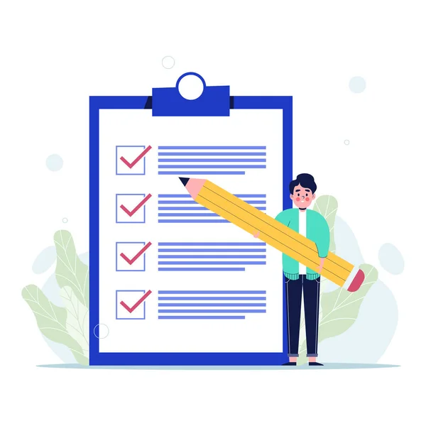 Omzunda dev bir kalem olan bir adam dev kontrol listesinde işaretli. Düz vektör illüstrasyonu