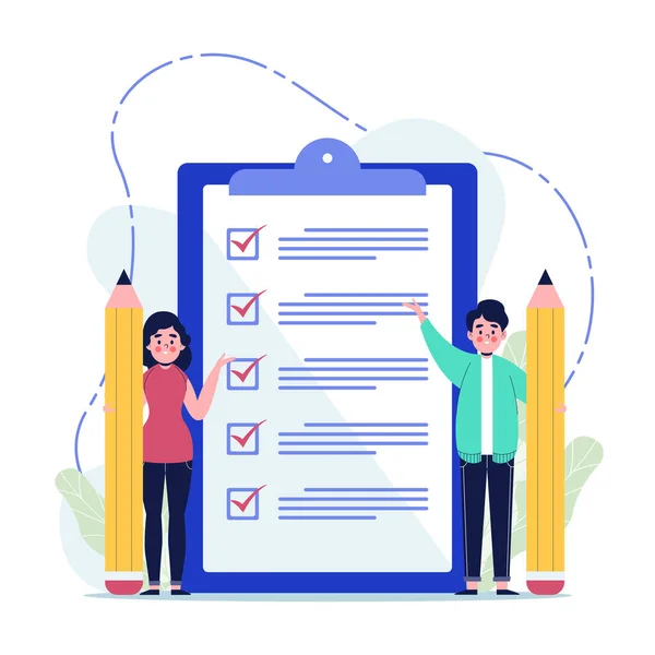 Genç bir adam ve bir kadın dev listeyi kontrol ediyor. Düz vektör illüstrasyonu