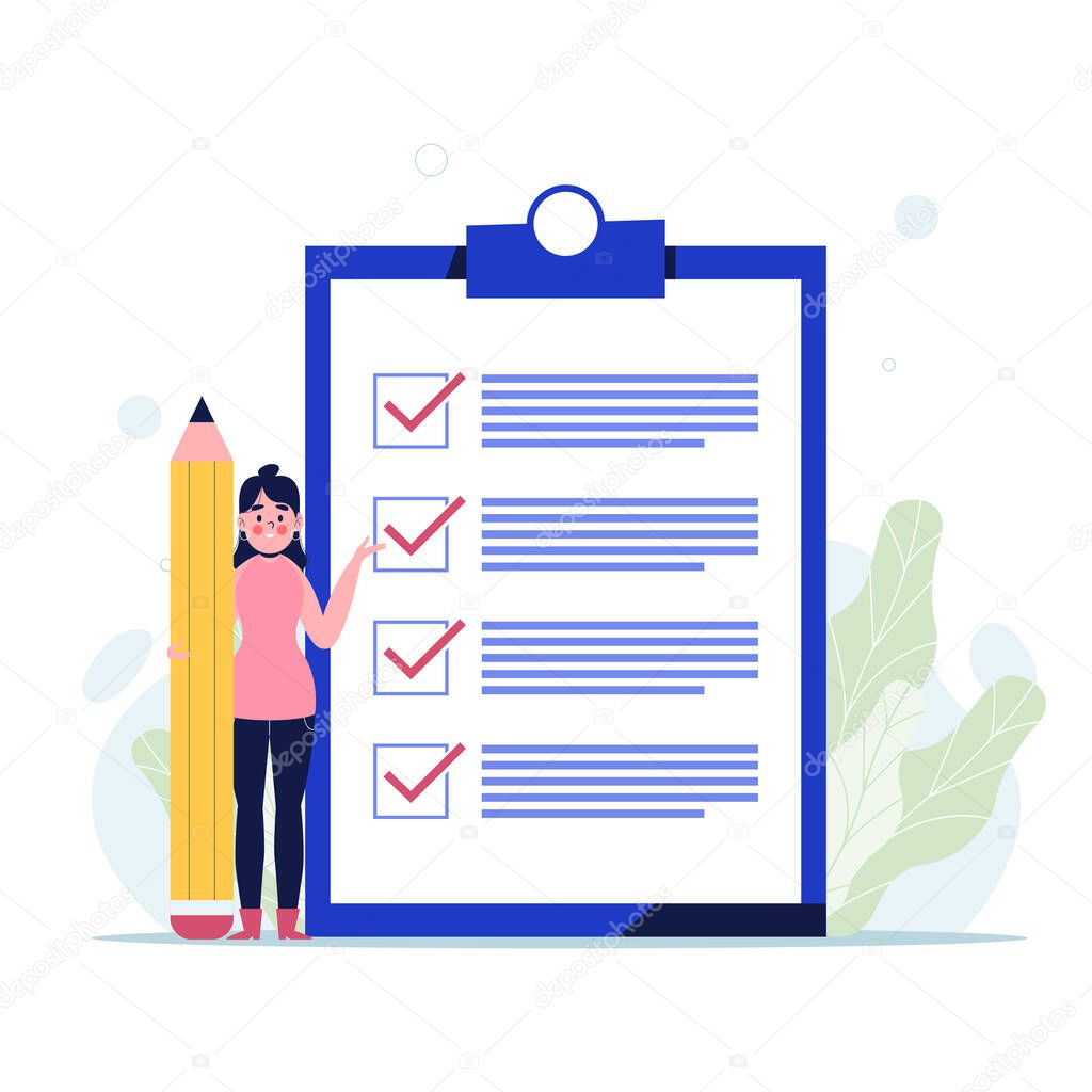 beautiful woman checking giant check list. Flat vector illustration