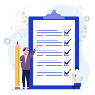 El çizimi adam dev kontrol listesi geçmişini kontrol ediyor. Düz vektör illüstrasyonu