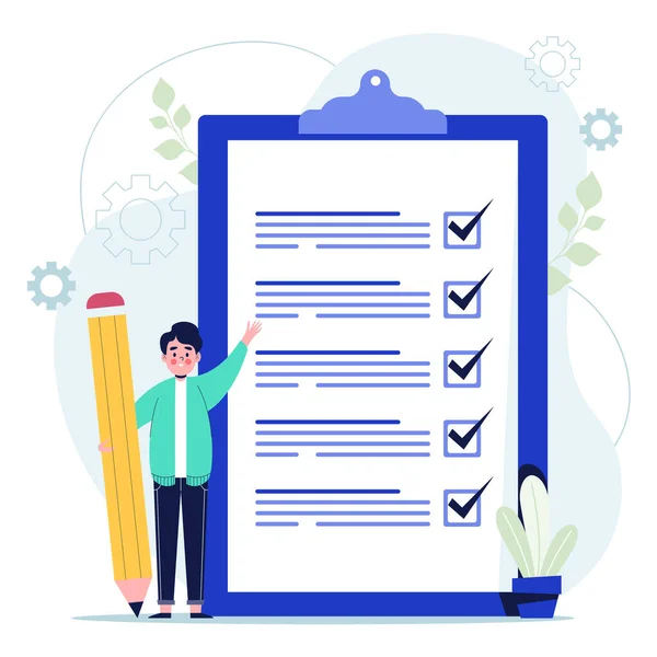 Elle çizilmiş adam dev kontrol listesini kontrol ediyor. Düz vektör illüstrasyonu