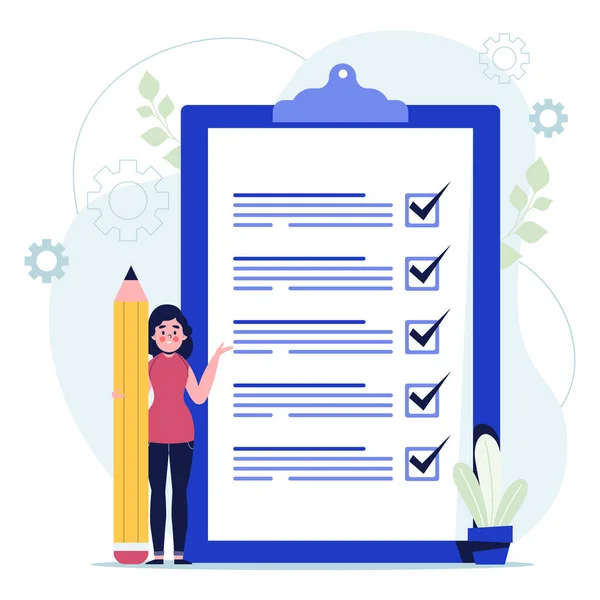 Elinde büyük bir kalem, yeşillik ve ön cephe tutan bir kadın. Kağıt üzerinde yapılacak işler, çalışan görevlerle ilgili sayfalar. Düz vektör illüstrasyonu
