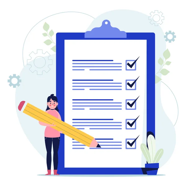 Elle çizilmiş kadın dev kontrol listesini kontrol ediyor. Düz vektör illüstrasyonu