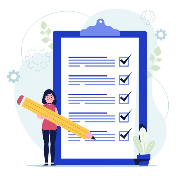 Elinde büyük bir kalem, yeşillik ve ön cephe tutan bir kadın. Kontrol listesi dev kontrol listesi. Düz vektör illüstrasyonu