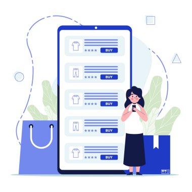 Modern daire tasarımı konsepti, dekore edilmiş küçük insan karakteriyle çevrimiçi alışveriş