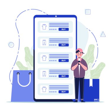 Modern daire tasarımı konsepti, dekore edilmiş küçük insan karakteriyle çevrimiçi alışveriş