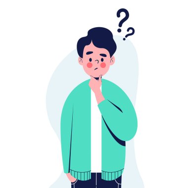 Genç adam bir şeyler düşünüyor. Düz vektör illüstrasyonu