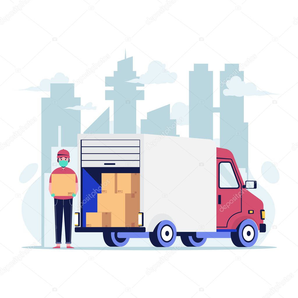 Man in medical mask and gloves delivered the parcel. Parcel delivery service during epidemic pandemic coronavirus 2019-ncov. Flat vector illustration