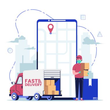 Kırmızı şapkalı, boş tişörtlü, üniformalı, maske eldivenli bir kurye. Salgın salgın Coronavirus 2019-ncov, covid-19 virüsü sırasında paket teslimatı. Düz tasarım vektör çizimi