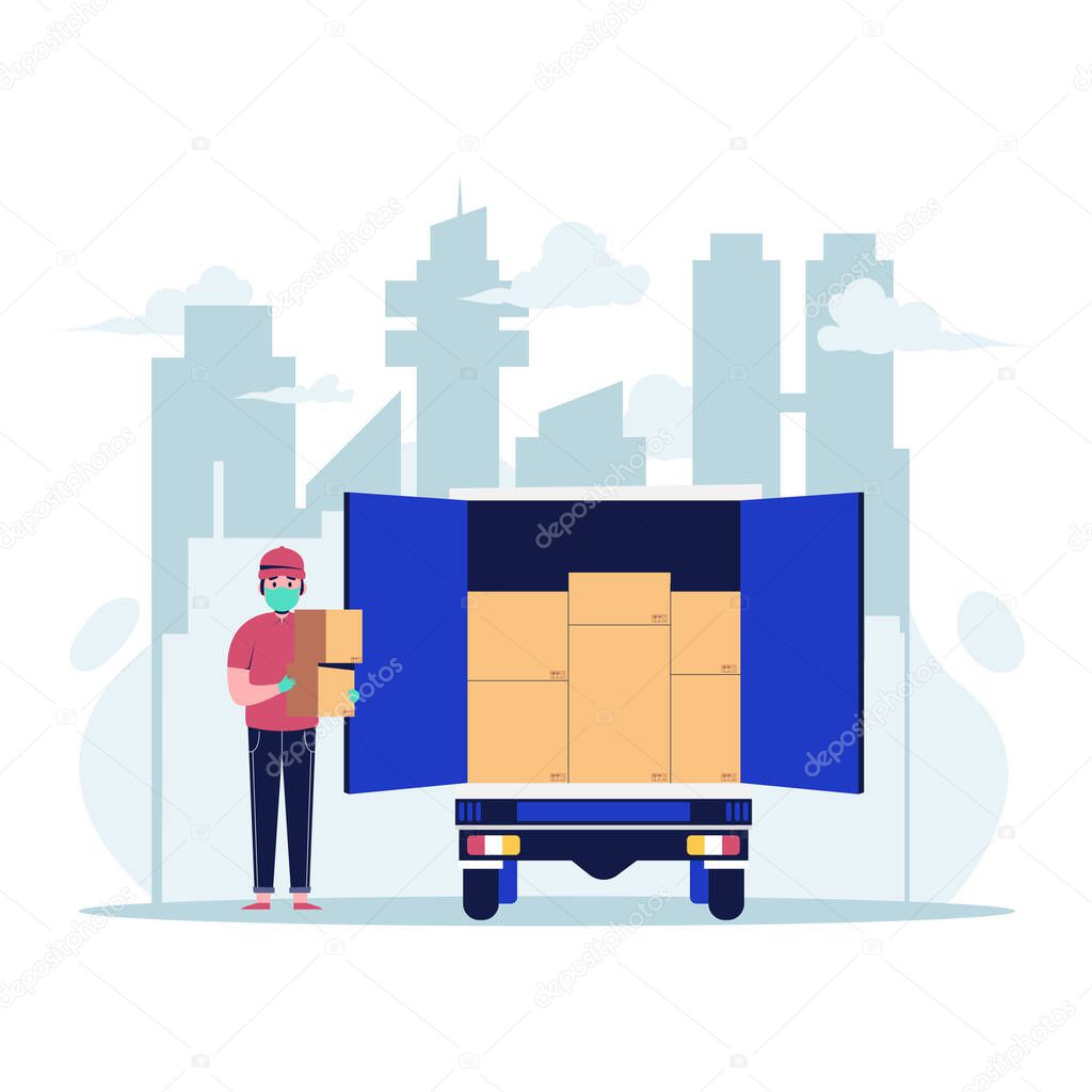 Man in medical mask delivered the parcel. Courier brought the parcel by car in the city. Flat design vector illustration