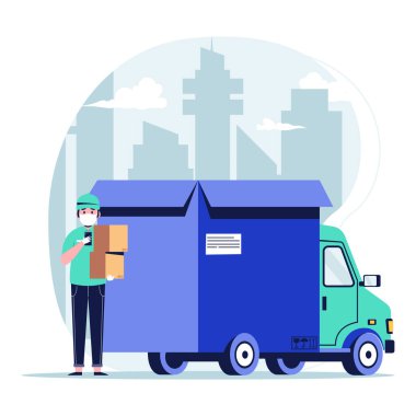 Akıllı telefonlu teslimatçı ve kamyon kutusunun arkasında iki paket var. Düz tasarım vektör çizimi