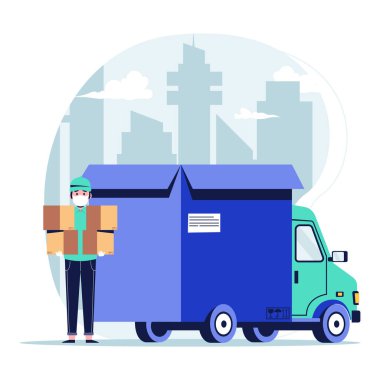 Kamyon kutusunun arka planında dört parseli olan kurye. Düz tasarım vektör çizimi