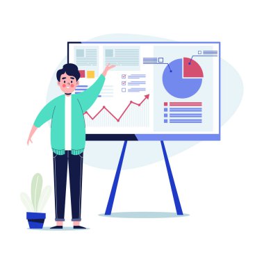 Genç adam sunum ekranında çizelgeleri açıklayan bir pazarlama verisi sunuyor. Düz tasarım vektör çizimi