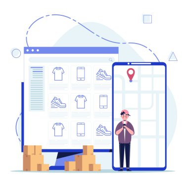 Çevrimiçi alışveriş kavramı. Gençler online mağazadan bir şeyler satın alıyor. Bilgisayar aracılığıyla sosyal ağlardan alışveriş yapmak. Düz tasarım vektör çizimi