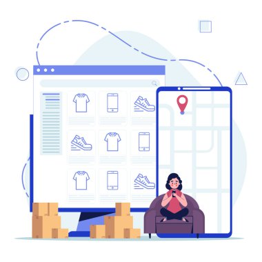 İnternetten alışveriş konsepti. Oturan bir kadın çevrimiçi mağazadan bir şeyler alıyor. Düz tasarım vektör çizimi