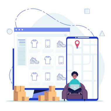 İnternetten alışveriş konsepti. Dizüstü bilgisayarda oturan adam çevrimiçi mağazadan bir şeyler alıyor. Bilgisayar aracılığıyla sosyal ağlardan alışveriş yapmak. Düz tasarım vektör çizimi