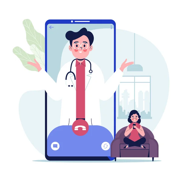 Tele tıbbı online tıp danışmanı konsepti. Düz tasarım vektör çizimi
