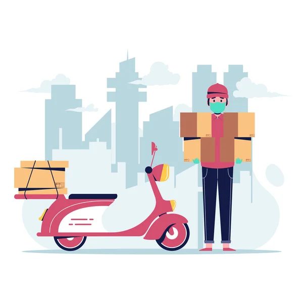 Entrega Homem Enviar Pacote Com Uma Scooter Vermelha Cidade Ilustração — Vetor de Stock