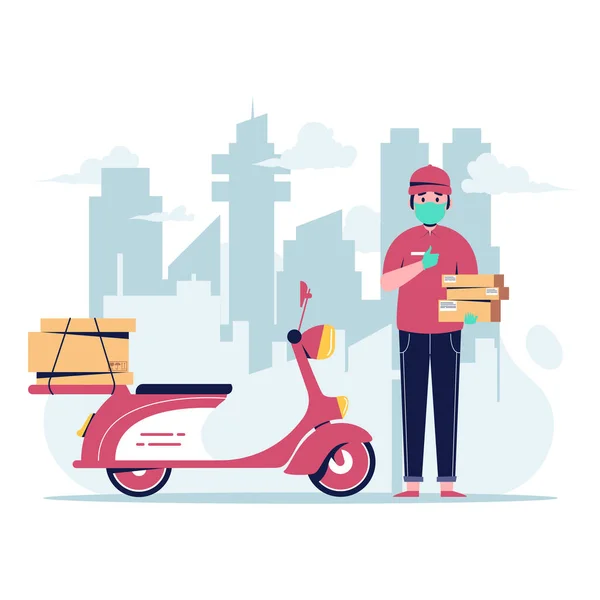 Şehirde kırmızı scooterlı bir kurye paketi var. Düz tasarım vektör çizimi