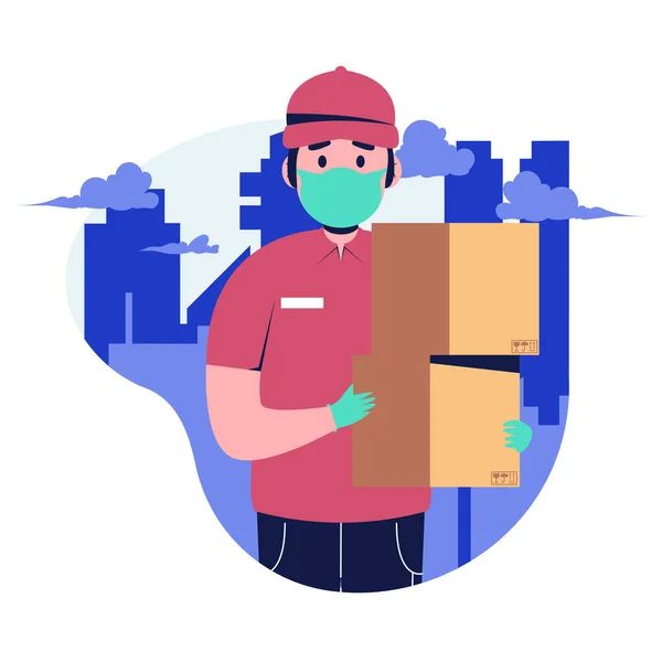 Paketi teslim eden adam. Karton kutulu bir kurye. Şehirdeki paket teslimat servisi. Düz tasarım vektör çizimi