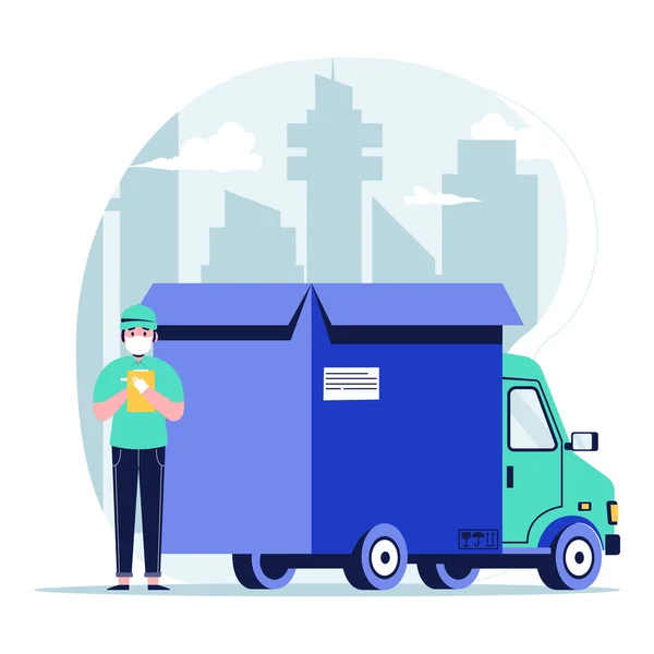 Livreur Avec Carton Sur Fond Colis Boîte Camion Illustration Vectorielle — Image vectorielle