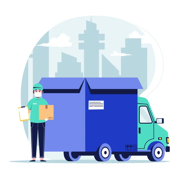 Courrier Avec Carton Colis Sur Fond Boîte Colis Camion Illustration — Image vectorielle