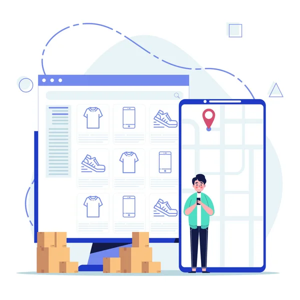 İnternetten alışveriş konsepti. Adam çevrimiçi dükkandan bir şeyler alıyor. Bilgisayar aracılığıyla sosyal ağlardan alışveriş yapmak. Düz tasarım vektör çizimi