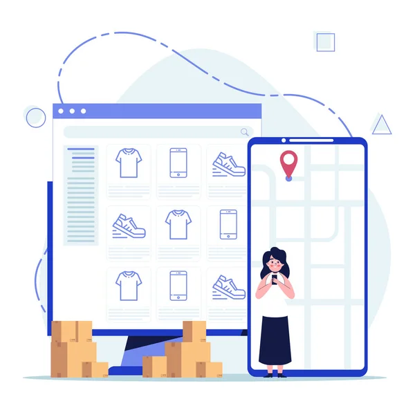 İnternetten alışveriş konsepti. Kadınlar çevrimiçi mağazadan bir şeyler alırlar. Bilgisayar aracılığıyla sosyal ağlardan alışveriş yapmak. Düz tasarım vektör çizimi