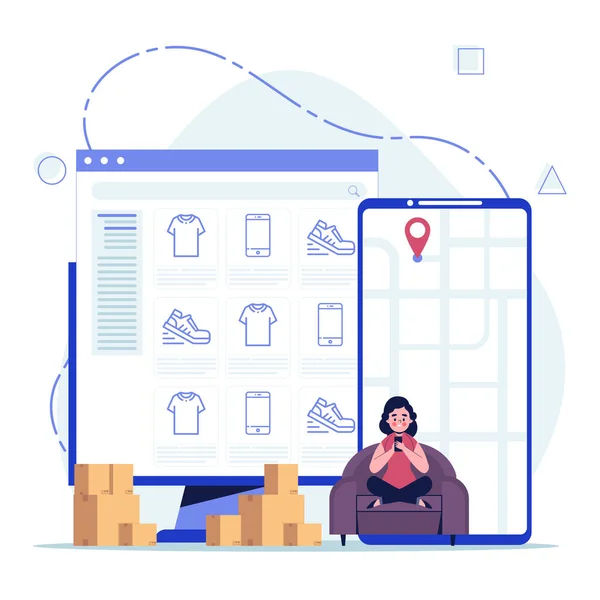 İnternetten alışveriş konsepti. Oturan bir kadın çevrimiçi mağazadan bir şeyler alıyor. Düz tasarım vektör çizimi