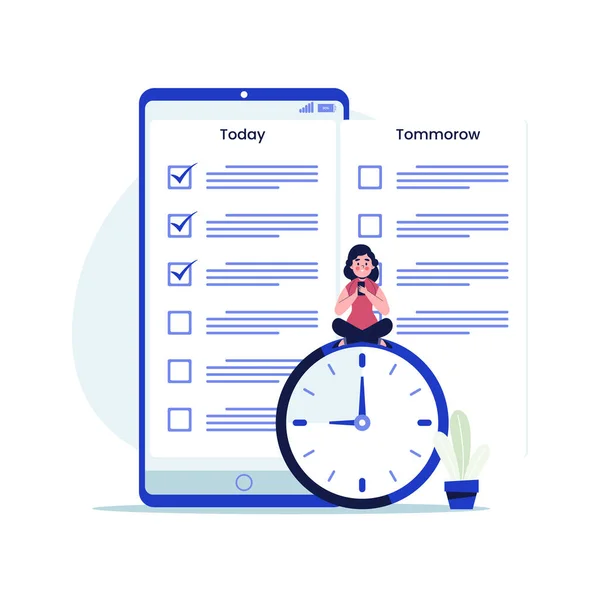 Mobil uygulamada kontrol listesi olan bir kadın. Liste yapmak için, başarılı iş planlama konsepti. Düz tasarım vektör çizimi