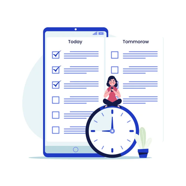 Frau Sitzt Checkliste Mobiler Anwendung Liste Erfolgreiche Arbeitsplanung Konzept Flache — Stockvektor