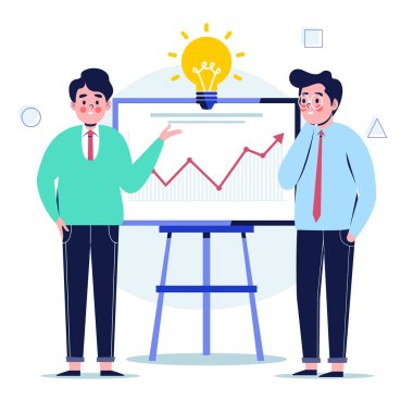 İş adamları sunum ekranında grafikleri açıklayan pazarlama verileri sunuyorlar. Düz tasarım vektör çizimi