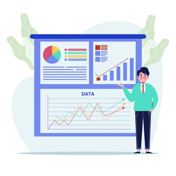 İş adamı sunum ekranı çizelgeleri açıklıyor. Düz tasarım vektör çizimi