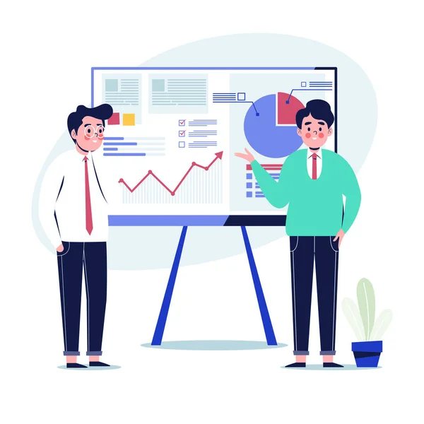 Bilgi grafiklerini açıklayan iş adamları. Düz tasarım vektör çizimi
