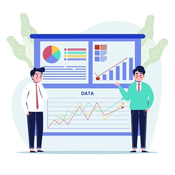 İş adamları grafiklere bilgi grafiğini açıklıyor. Düz tasarım vektör çizimi