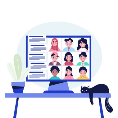 Meslektaşlar bilgisayar masasında birbirleriyle konuşurlar. Konferans videosu. Düz tasarım vektör çizimi