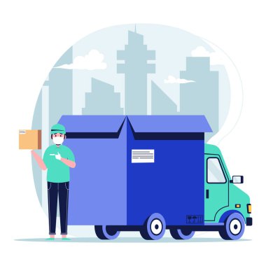 Yüzünde tıbbi koruyucu maskeli bir teslimatçı kamyon konseptiyle paket taşıyordu. Düz tasarım vektör çizimi